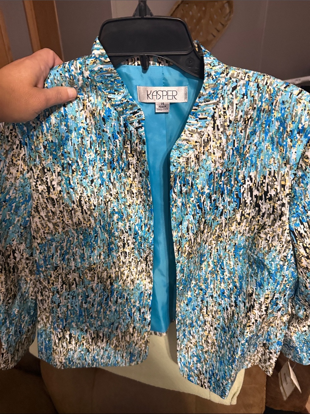 Kasper Teal Blue Multicolor Abstract Collarless Jacket - Picture 3 of 6